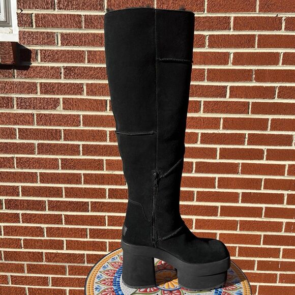UGG New Heights Women’s Sz 8 Black Suede 3.5” Heel Over the Knee Platform Boots - Picture 2 of 8